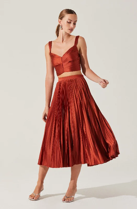 Pleated Satin Midi Skirt