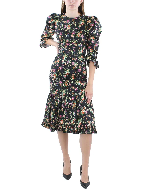 Womens Below Knee Puff Sleeve Midi Dress