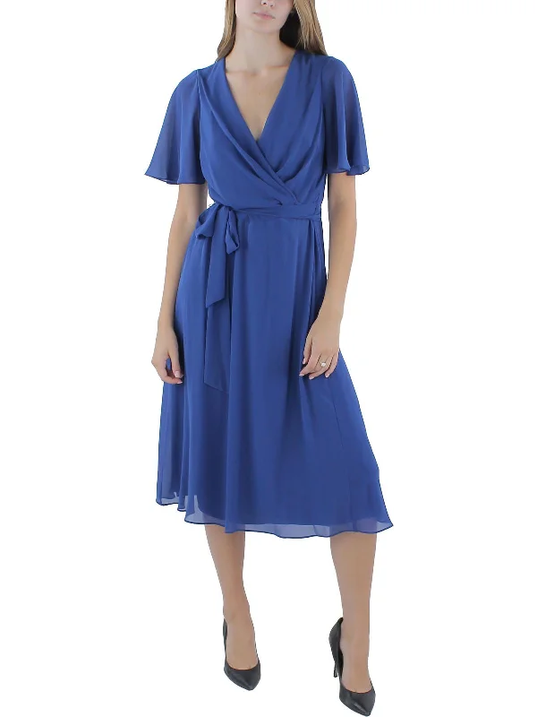 Womens Midi Gathered Wrap Dress