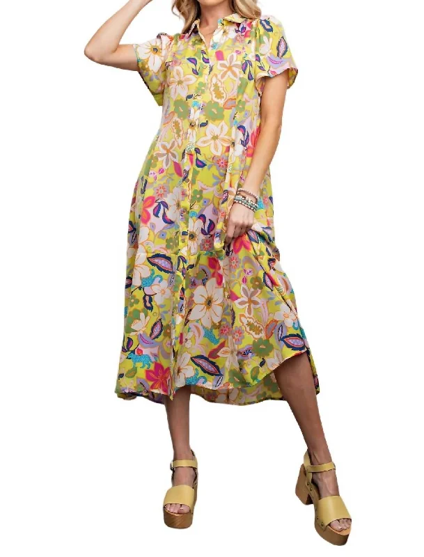 Floral Print Mirabelle Satin Shirt Maxi Dress In Pineapple