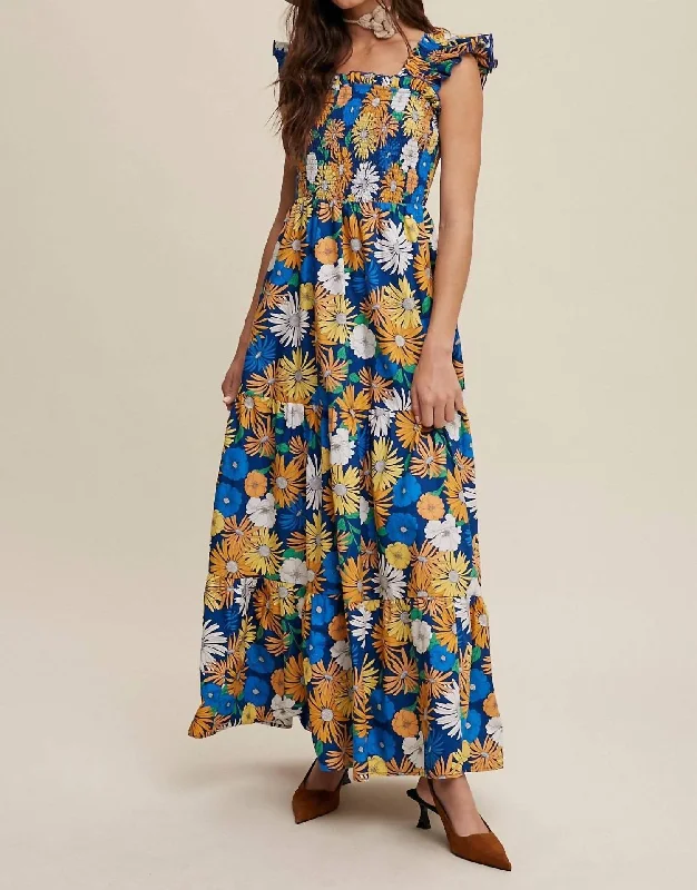 Flower Print Maxi Dress In Blue Floral