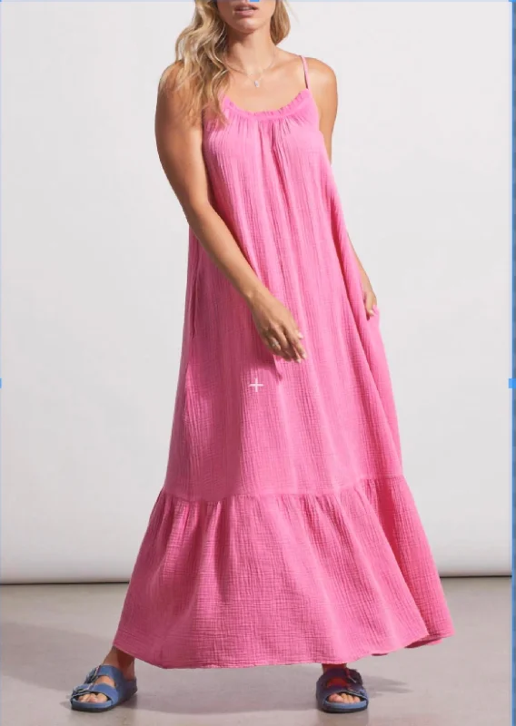 Maxi Dress W/ Frill And Pockets In Hot Pink