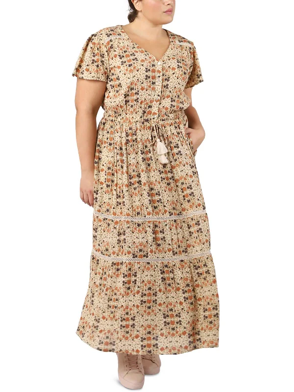 Plus Womens Tea Length Floral Print Maxi Dress