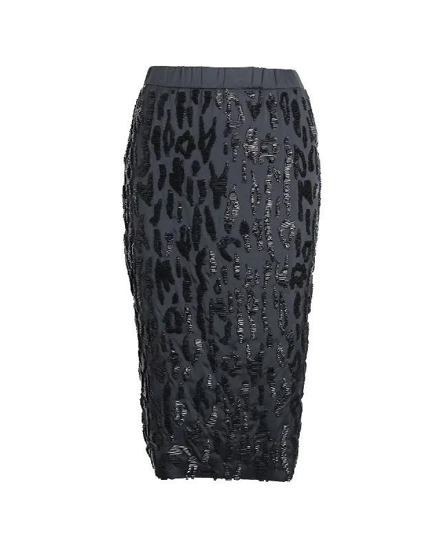 Prada Beaded Leopard Pencil Skirt in Black Polyester