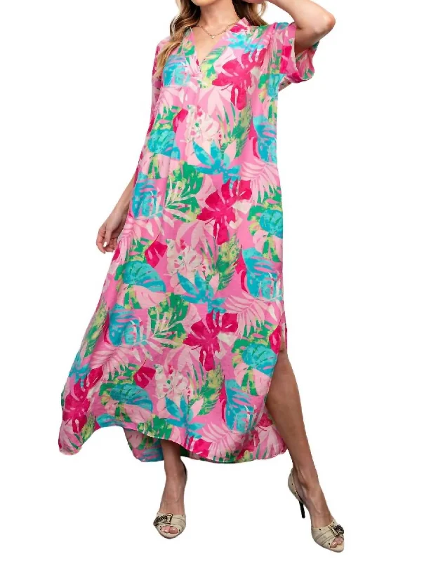 Tropical Print Peach Blossom Maxi Dress In Bubble Gum