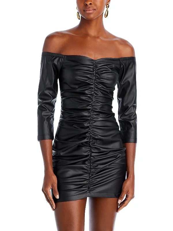 Womens Faux Leather Off-The-Shoulder Mini Dress