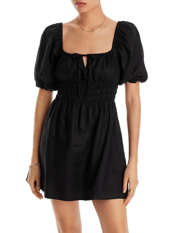 Womens Linen Scoop Neck Mini Dress