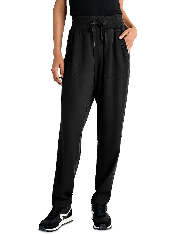 Womens Drawstring Ribbed Trim Straight Leg Pants