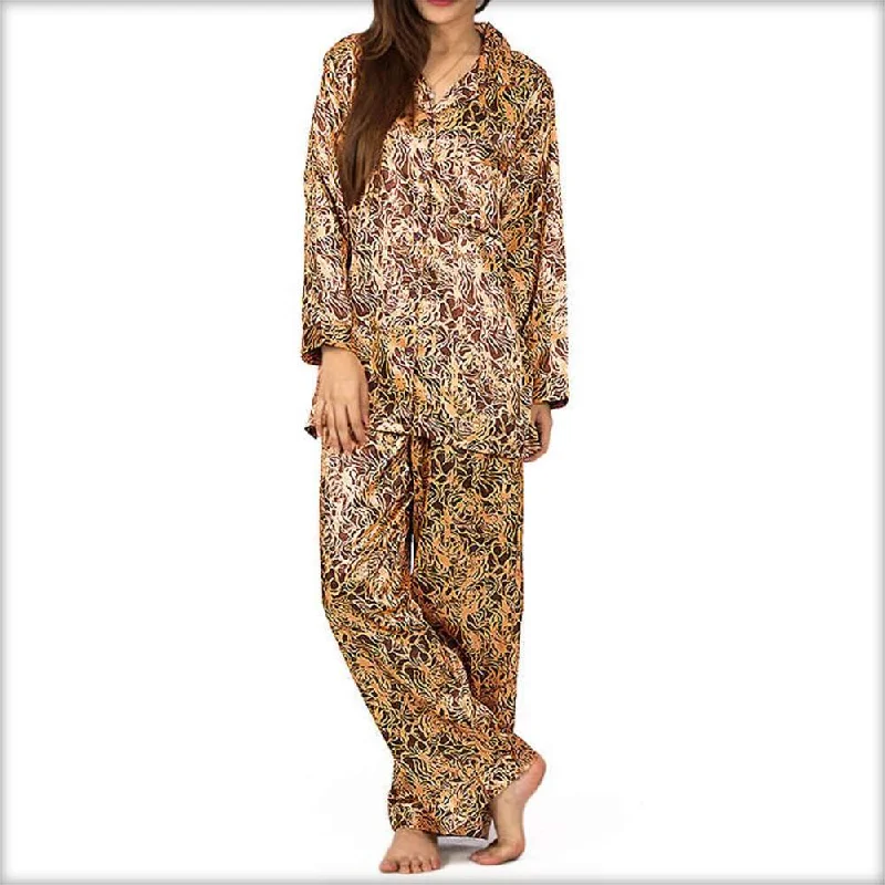 Brown & Yellow Printed Pajama Set Nightwear