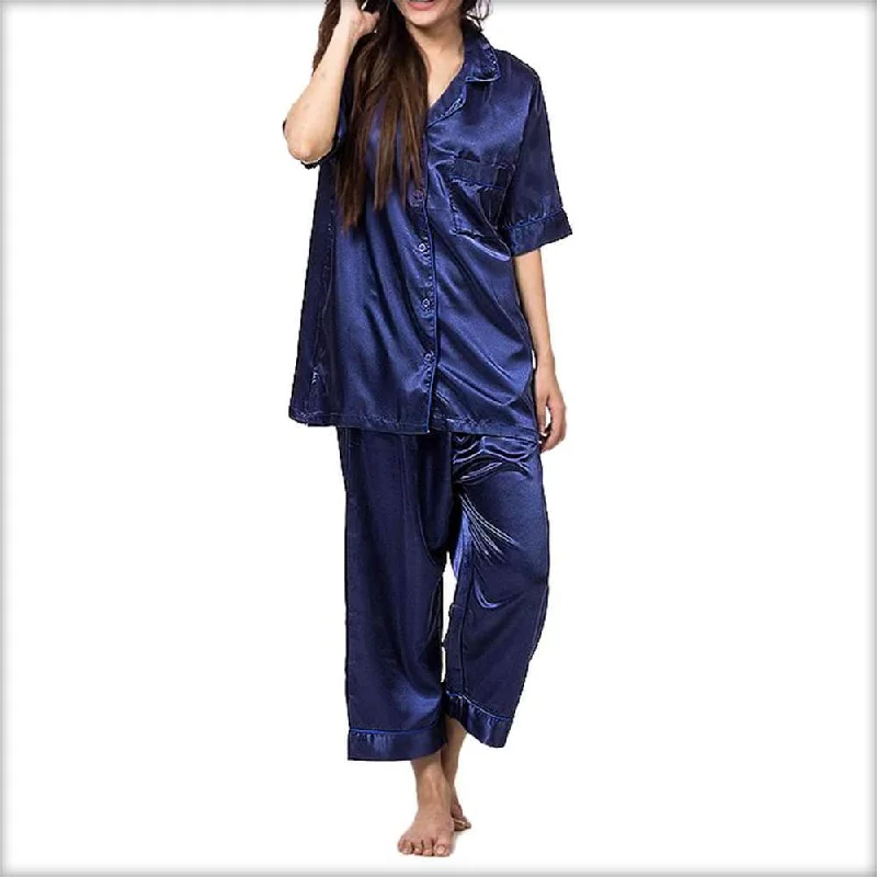 Navy Blue Polyester Satin Nightsuit