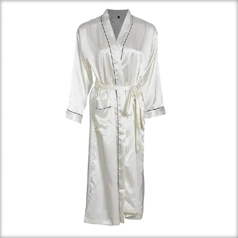 Off-White Solid Satin Long Night Gown