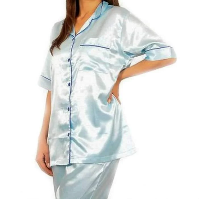 Two PCs Sky Blue Satin Nightsuit With Pipping