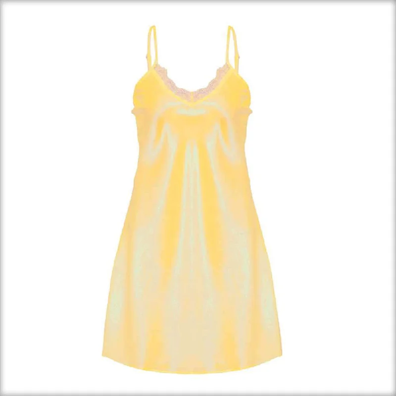 Yellow Polyester Chemise With Lace