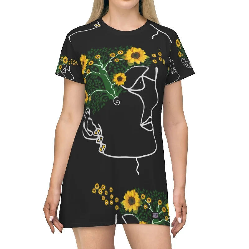 All Over Print T-Shirt Dress SUNFLOWERS ON BLACK