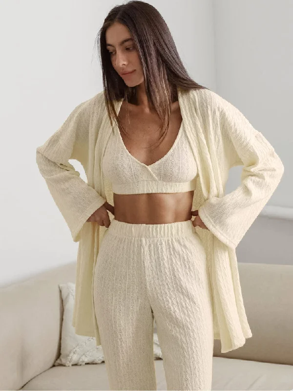 Loose Striped Long Pants Pajama Robe Set