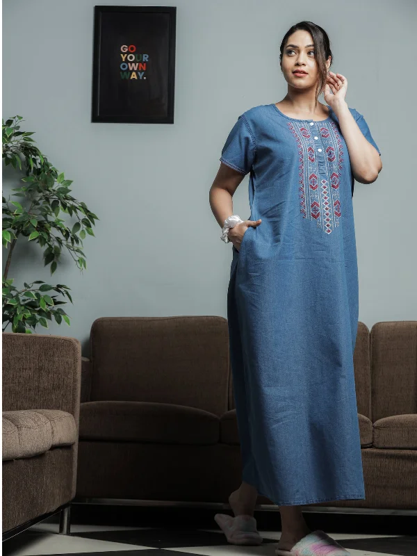 Premium Denim Designer Nighty Embroidery Neck Sky Blue