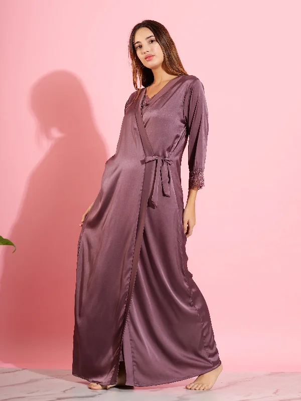 Royal Purple Satin Nighty & Robe Set - Elegant Lace Detailing